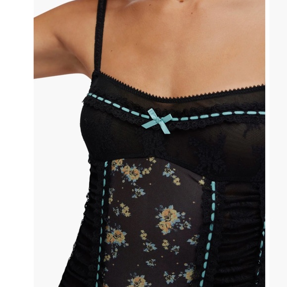 Free People Black Lace Corset Bodysuit with Blue Floral Print Design - Picture 4 of 6